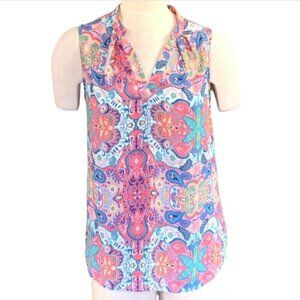 Violet + Claire V-Neck Sleeveless Top Pink Blue White Paisley Floral Sz S 1J